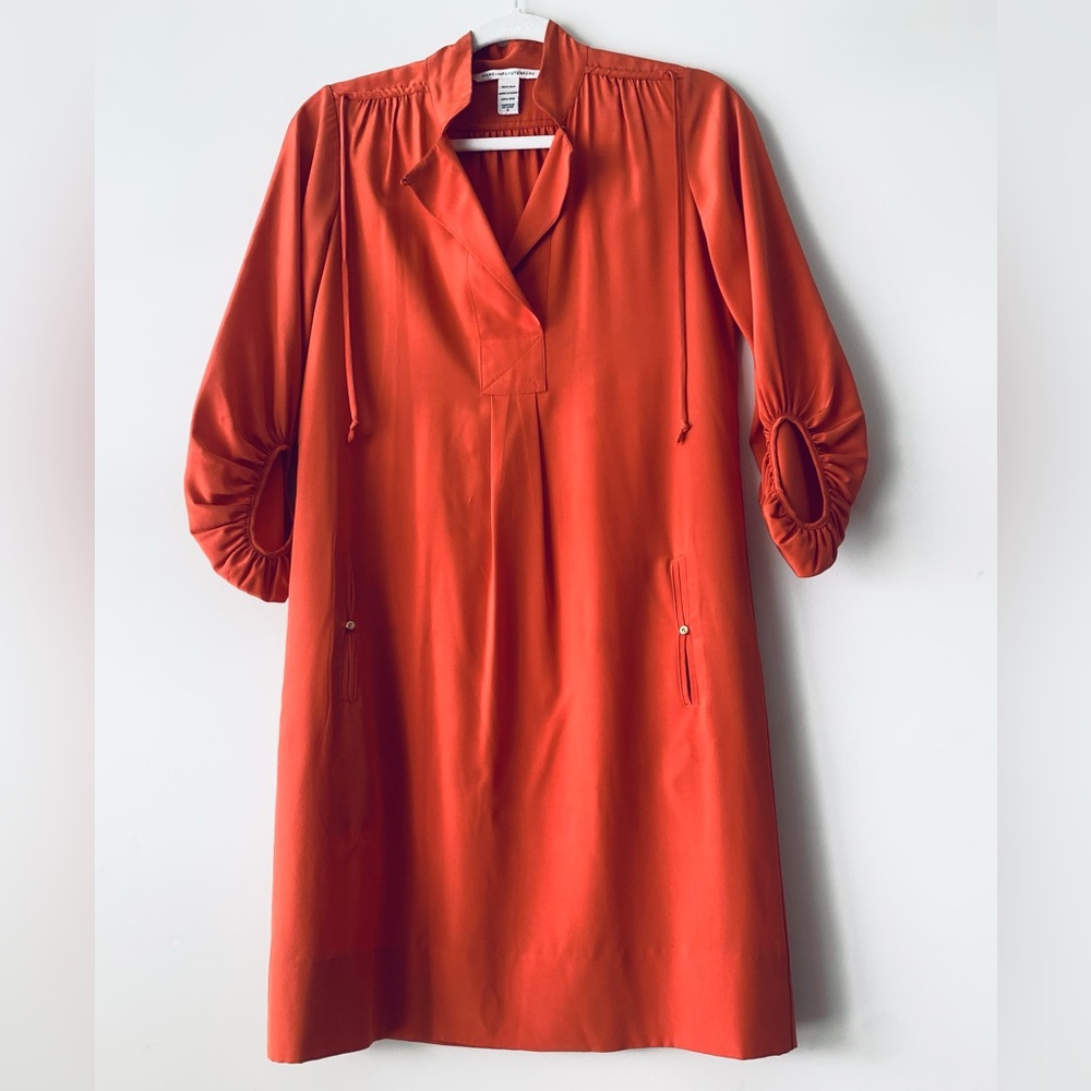 Diane Von Furstenberg 100% Silk Puff 3/4 Sleeves Shirt Dress Women Size 0 Orange